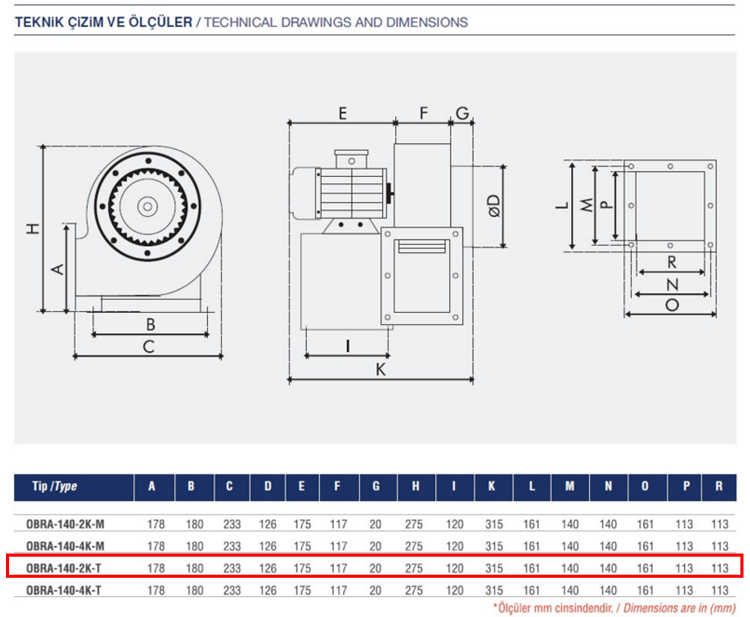 AYAS OBRA-140-2K-T 3000 D/D 380 volt Trifaze Tek Emişli Radyal Fan Teknik Çizim ve Ölçüler Tablosu