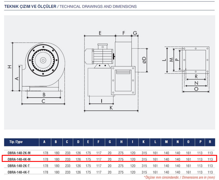 AYAS OBRA-140-4K-M 1500 D/D 220 volt Monofaze Tek Emişli Radyal Fan Teknik Çizim ve Ölçüler Tablosu