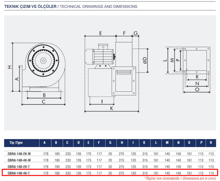 AYAS OBRA-140-4K-T 1500 D/D 380 volt Trifaze Tek Emişli Radyal Fan Teknik Çizim ve Ölçüler Tablosu