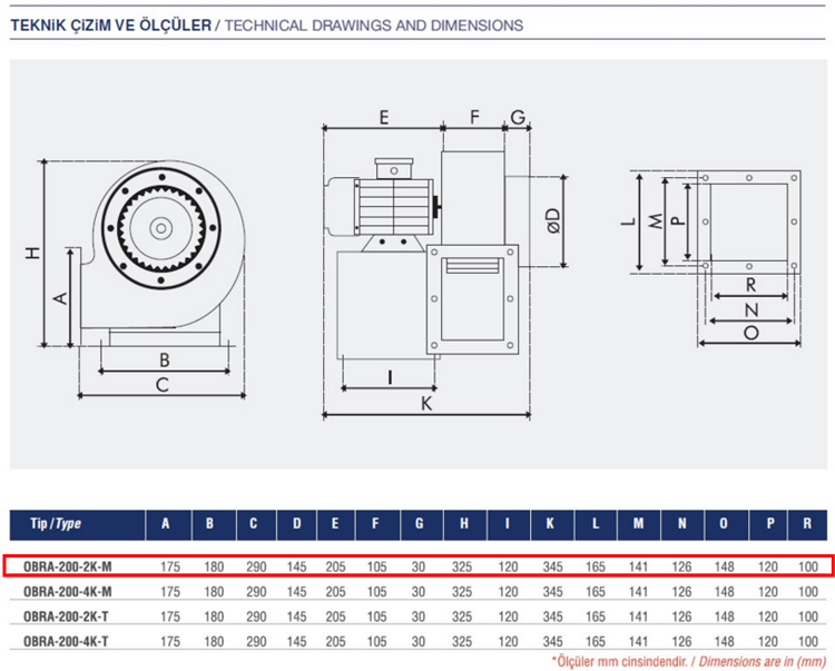 AYAS OBRA-200-2K-M 3000 D/D 220 volt Monofaze Tek Emişli Radyal Fan Teknik Çizim ve Ölçüler Tablosu