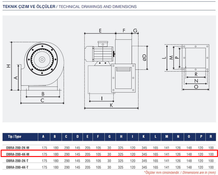 AYAS OBRA-200-4K-M 1500 D/D 220 volt Monofaze Tek Emişli Radyal Fan Teknik Çizim ve Ölçüler Tablosu