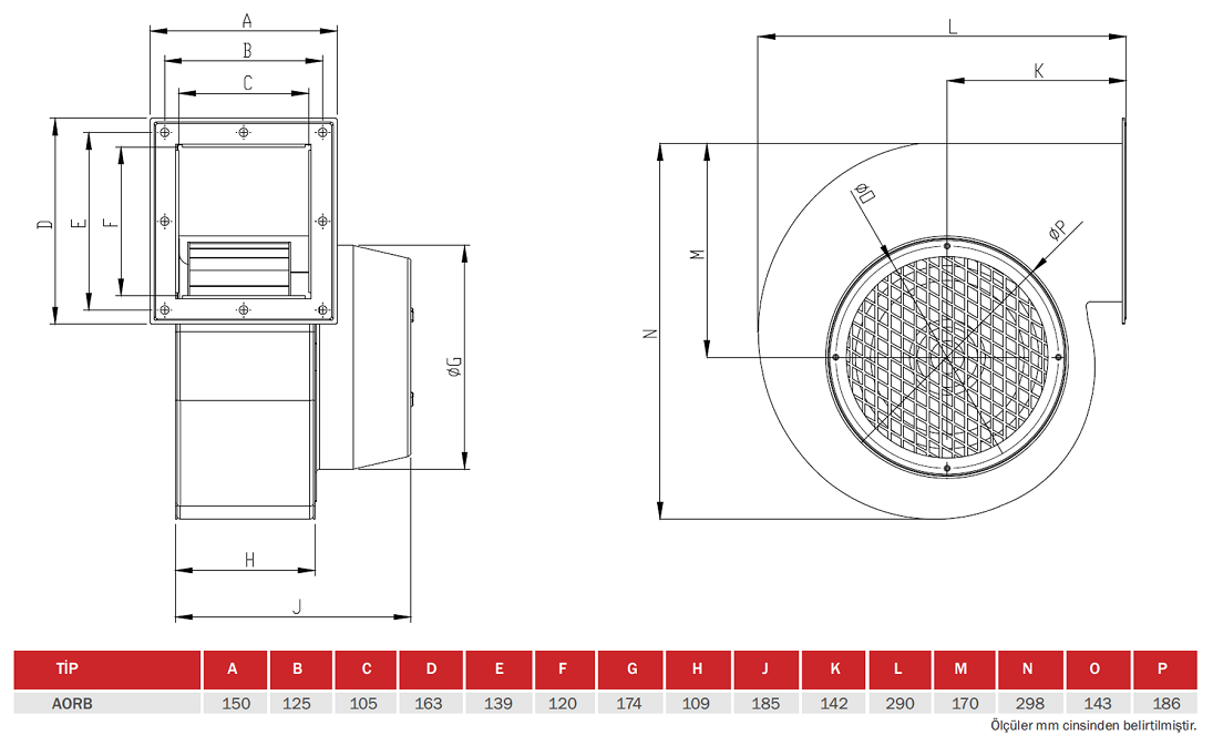 BAHÇIVAN AORB-T 2750 D/D 380 volt Trifaze Sac Gövdeli Salyangoz Fan Öne Eğimli Teknik Çizim ve Ölçüler Tablosu