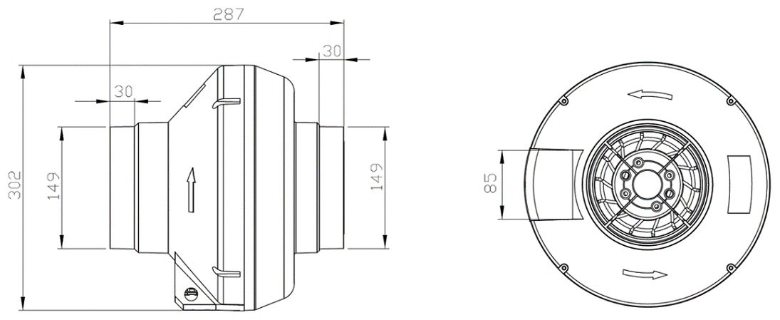 BAHÇIVAN BPX 150 2450 D/D 230 volt Monofaze Plastik Kanal Fanı Geriye Eğimli Teknik Çizim ve Ölçüler Tablosu