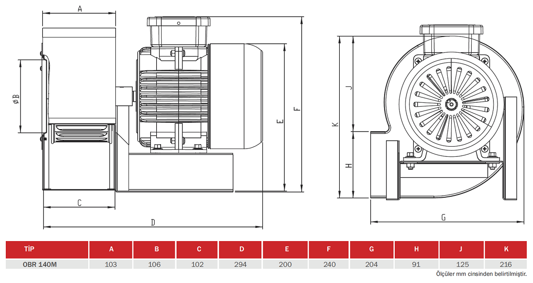 BAHÇIVAN OBR 140M-2K 2930 D/D 230 volt Monofaze Tek Emişli Radyal Fan Öne Eğimli Teknik Çizim ve Ölçüler Tablosu