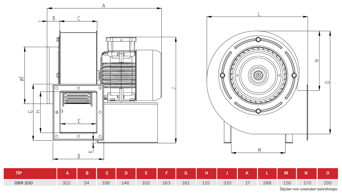 BAHÇIVAN OBR 200M-2K 2770 D/D 230 volt Monofaze Tek Emişli Radyal Fan Öne Eğimli Teknik Çizim ve Ölçüler Tablosu