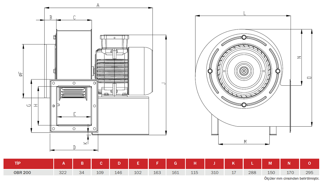 BAHÇIVAN OBR 200T-2K 2950 D/D 380 volt Trifaze Tek Emişli Radyal Fan Öne Eğimli Teknik Çizim ve Ölçüler Tablosu