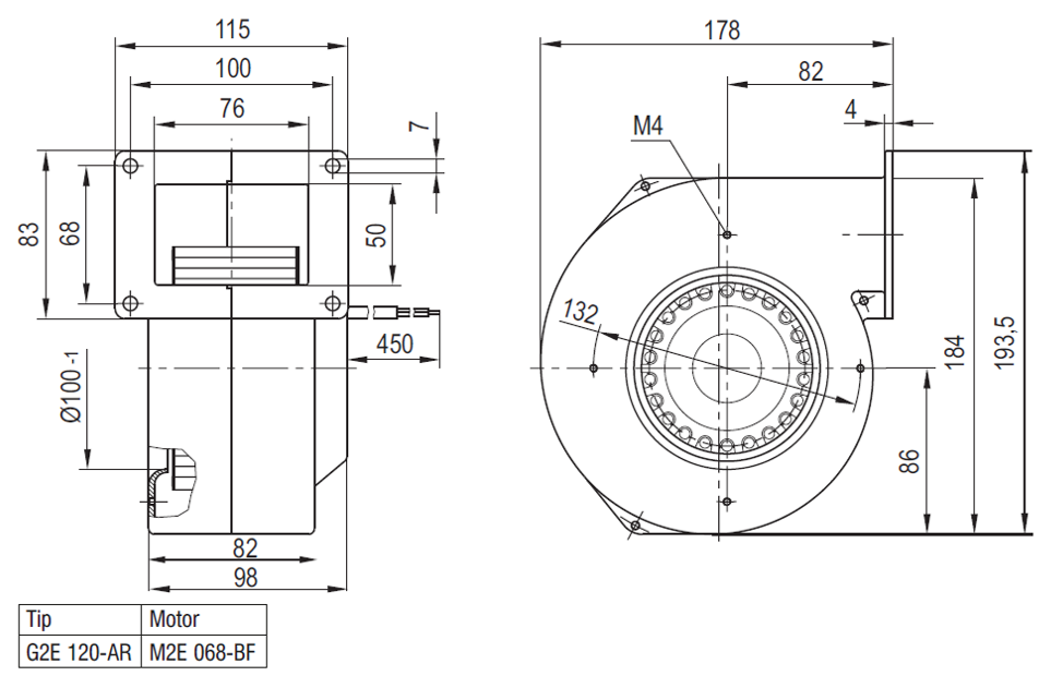 EBMPAPST G2E120-AR77-01 230 volt Monofaze Tek Emişli Radyal Fan Teknik Çizim ve Ölçüler Tablosu