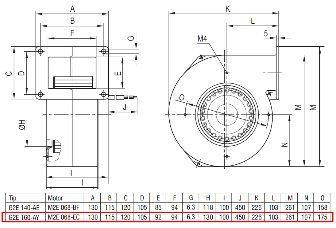 EBMPAPST G2E160-AY47-01 230 volt Monofaze Tek Emişli Radyal Fan Teknik Çizim ve Ölçüler Tablosu