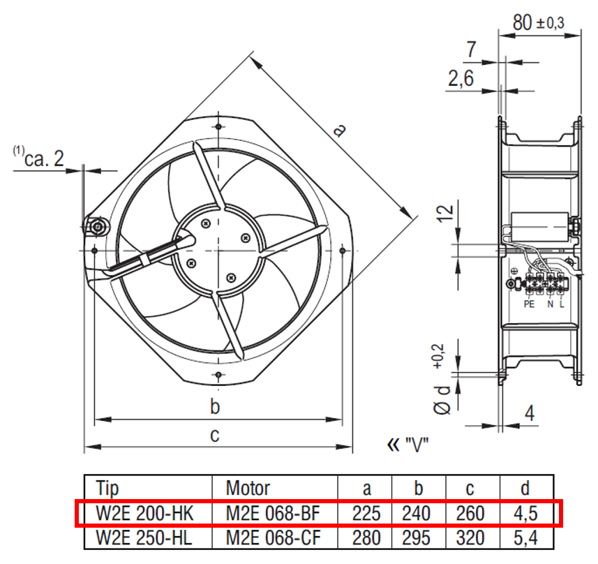 EBMPAPST W2E200-HK38-01 230 AC Aksiyal Kompakt Fan Teknik Çizim ve Ölçüler Tablosu