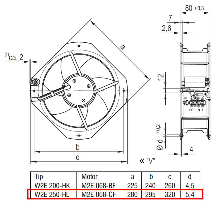 EBMPAPST W2E250-HL06-01 230 AC Aksiyal Kompakt Fan Teknik Çizim ve Ölçüler Tablosu