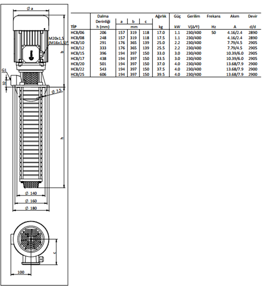 Miksan HCB - 06 1.1 kw 85 L/d 400 volt Trifaze Paslanmaz Boryağ Devirdaim Pompası Boyut ve Elektriksel Değerler Tablosu