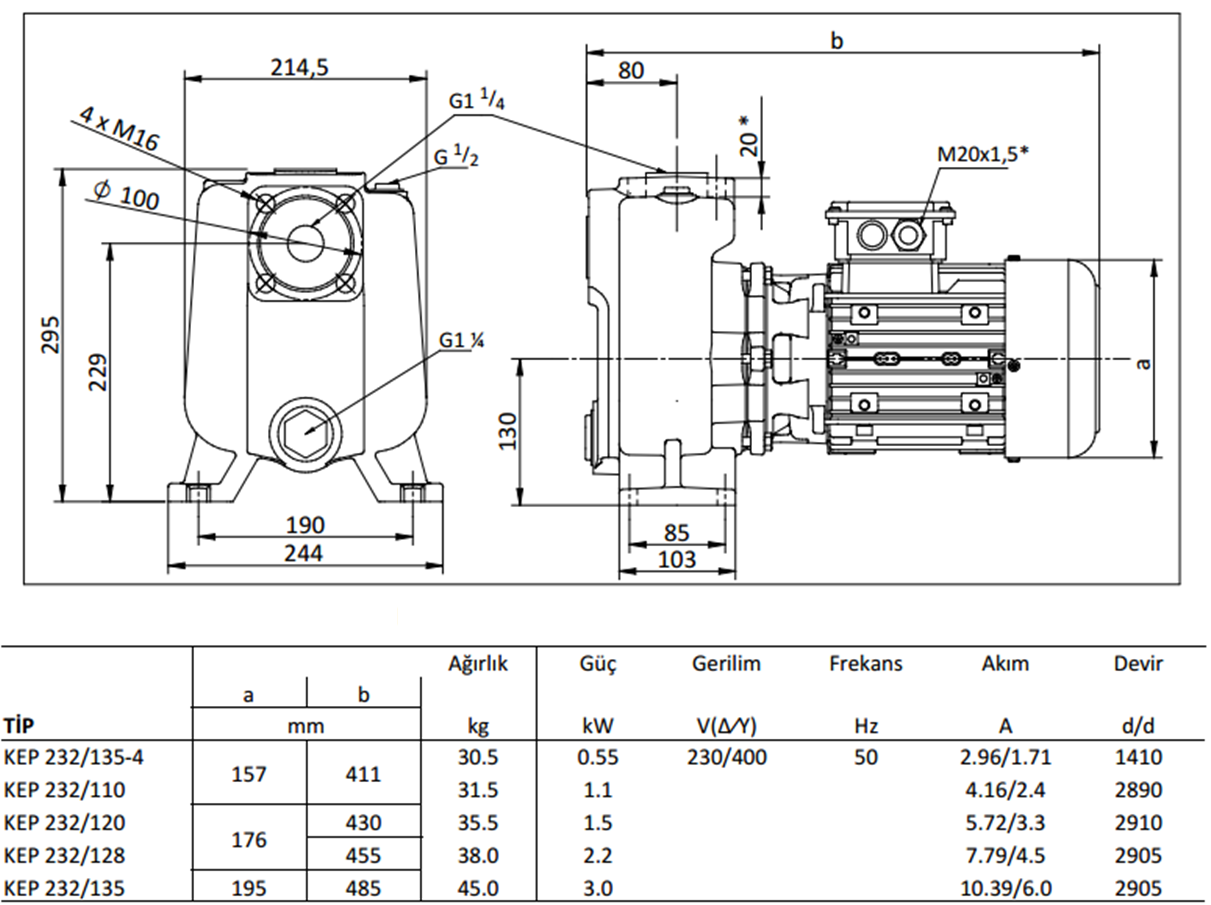 Miksan KEP 232/110 1.1 kw 400 L/d 400 volt Trifaze Kendinden Emişli Boryağ Devirdaim Pompası Boyut ve Elektriksel Değerler Tablosu